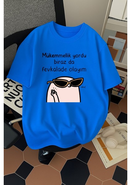 Fevkalade Baskılı Unisex Bisiklet Yaka Pamuk Oversize Boyfriend T-Shirt