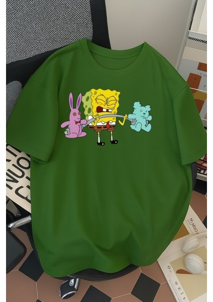 Unisex Erkek/kadın Gym Sünger Bob Sporcu Ayıcık Ağırlıklı Renkli Baskılı Oversize Pamuklu T-Shirt