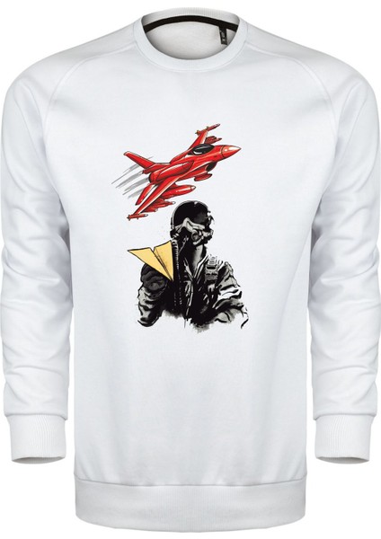 Kırmızı Jet ve Pilot Tasarım Unisex Sweatshirt