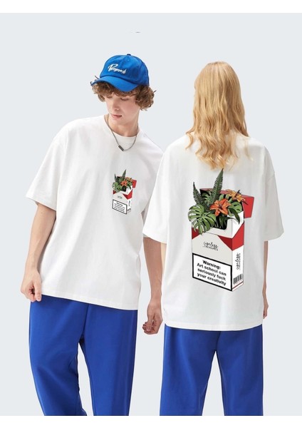 Çiçek Useless Baskılı Unisex Bisiklet Yaka Pamuk Oversize Boyfriend T-Shirt
