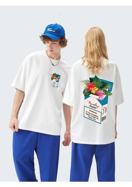 Çiçek Paradise Baskılı Unisex Bisiklet Yaka Pamuk Oversize Boyfriend T-Shirt
