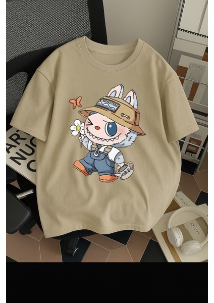 Unisex Erkek/kadın Labubu Renkli Baskılı Oversize Pamuklu T-Shirt