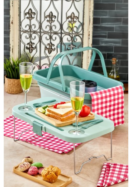 Çok Amaçlı, Kesme Tahtalı ve Masaya Dönüşen - Katlanabilir Piknik Sepeti Gri