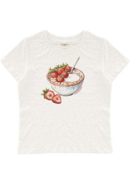 Strawberry Oats Baskılı Baby Tee Crop Top