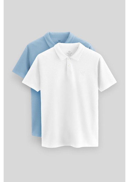 Standart Fit Basic Polo Yaka 2li Paket Beyaz-Buz Mavi Erkek T-Shirt - 87768