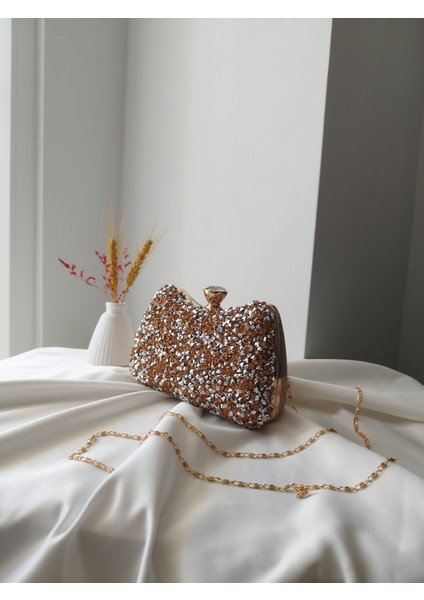 Kristal Taşlı Mini Boy Kadın El. Omuz, Clutch Abiye Çanta Bronz