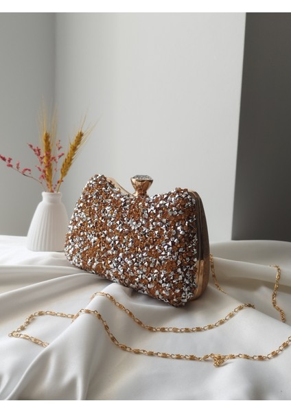 Kristal Taşlı Mini Boy Kadın El. Omuz, Clutch Abiye Çanta Bronz modelleri
