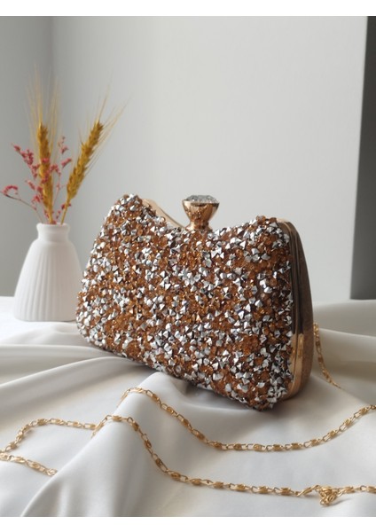 Kristal Taşlı Mini Boy Kadın El. Omuz, Clutch Abiye Çanta Bronz fırsatları