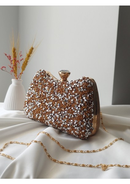 Kristal Taşlı Mini Boy Kadın El. Omuz, Clutch Abiye Çanta Bronz indirimleri
