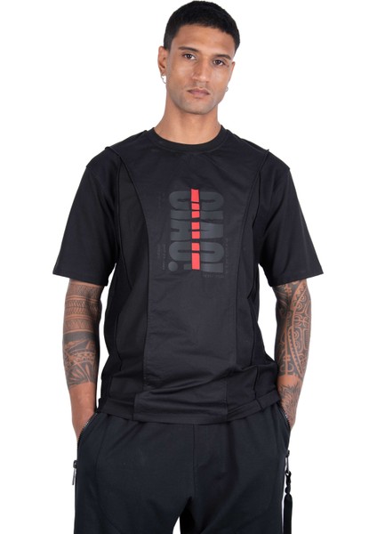 Kısa Kollu Baskılı Kumaş Kombinasyonlu Siyah Pamuklu T-Shirt fiyatları