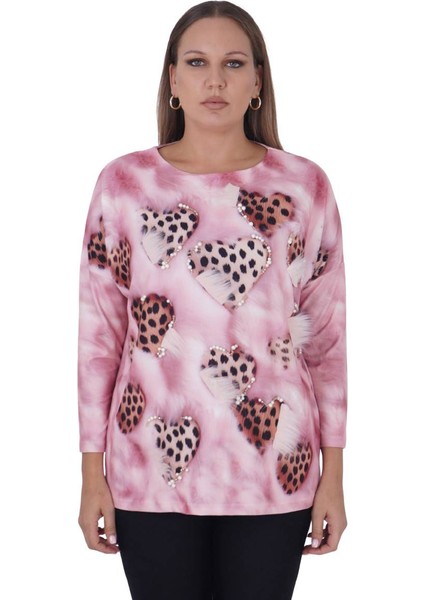 Büyük Beden Leopar Kalp Baskılı Tüğ Detay İnci İşleme Kışlık Bluz
