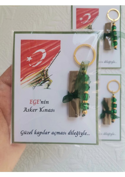 64 Adet Kişiye Özel Asker Kına Hatırası Dağıtmalık Hediyelik Yeşil Anahtarlık ve Paketlenmiş Kına