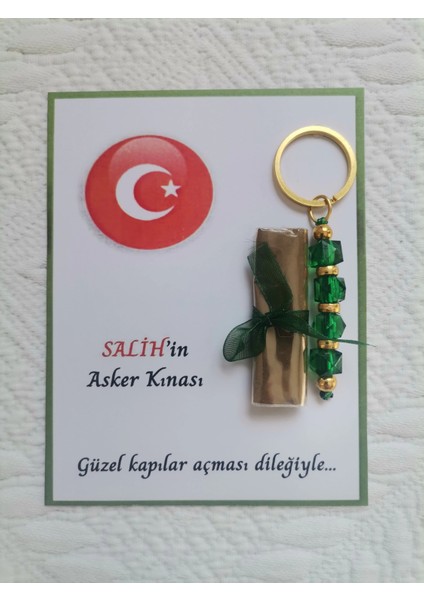 100 Adet Kişiye Özel Asker Kına Hatırası Dağıtmalık Hediyelik Yeşil Anahtarlık ve Paketlenmiş Kına
