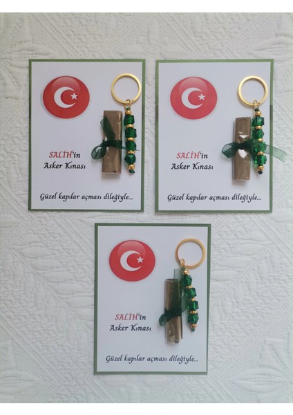 100 Adet Kişiye Özel Asker Kına Hatırası Dağıtmalık Hediyelik Yeşil Anahtarlık ve Paketlenmiş Kına modelleri