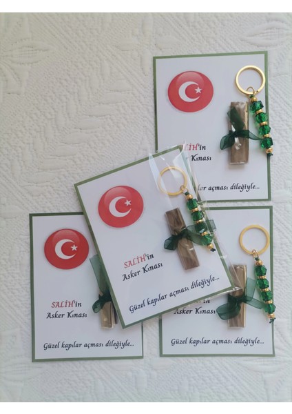 100 Adet Kişiye Özel Asker Kına Hatırası Dağıtmalık Hediyelik Yeşil Anahtarlık ve Paketlenmiş Kına