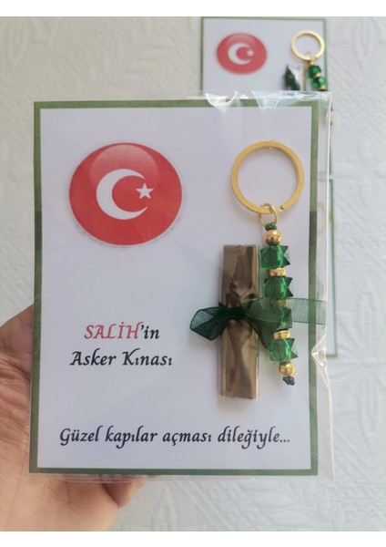 100 Adet Kişiye Özel Asker Kına Hatırası Dağıtmalık Hediyelik Yeşil Anahtarlık ve Paketlenmiş Kına