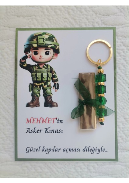 100 Adet Kişiye Özel Asker Kına Hatırası Dağıtmalık Hediyelik Yeşil Anahtarlık ve Paketlenmiş Kına