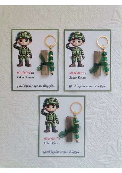 100 Adet Kişiye Özel Asker Kına Hatırası Dağıtmalık Hediyelik Yeşil Anahtarlık ve Paketlenmiş Kına modelleri