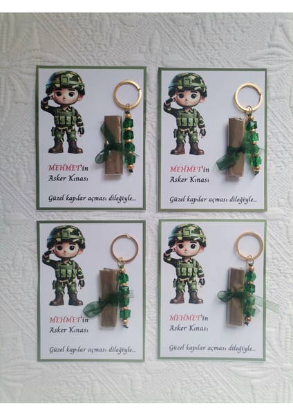 100 Adet Kişiye Özel Asker Kına Hatırası Dağıtmalık Hediyelik Yeşil Anahtarlık ve Paketlenmiş Kına fırsatları