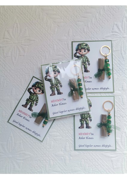 100 Adet Kişiye Özel Asker Kına Hatırası Dağıtmalık Hediyelik Yeşil Anahtarlık ve Paketlenmiş Kına