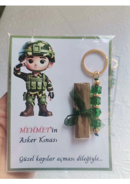 100 Adet Kişiye Özel Asker Kına Hatırası Dağıtmalık Hediyelik Yeşil Anahtarlık ve Paketlenmiş Kına
