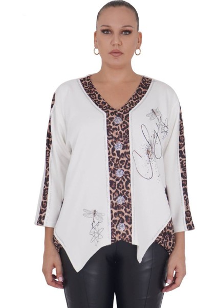 Kadın Büyük Beden Beyaz Asimetrik Leopar Detay Bluz