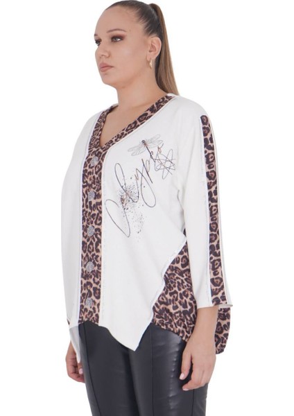 Kadın Büyük Beden Beyaz Asimetrik Leopar Detay Bluz fiyatları