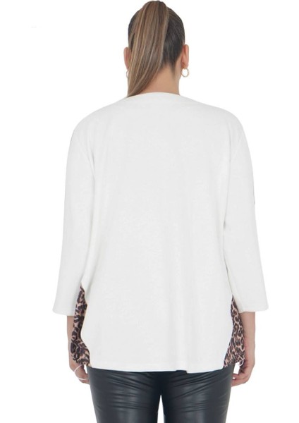 Kadın Büyük Beden Beyaz Asimetrik Leopar Detay Bluz modelleri