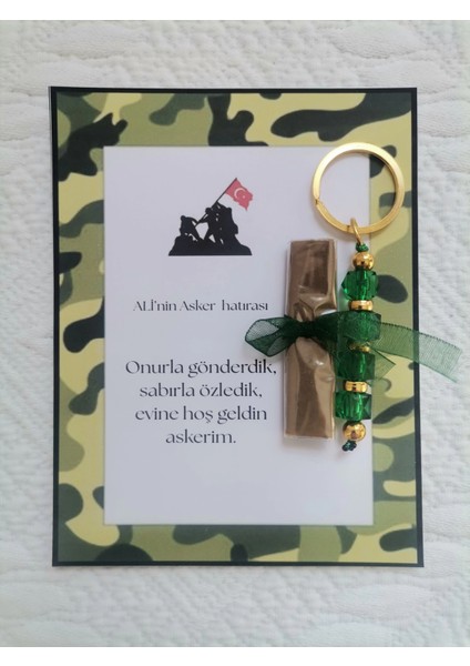 100 Adet Kişiye Özel Asker Kına Hatırası Dağıtmalık Hediyelik Yeşil Anahtarlık ve Paketlenmiş Kına