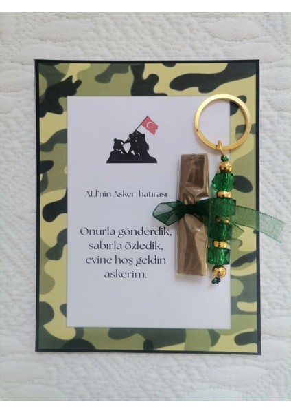 100 Adet Kişiye Özel Asker Kına Hatırası Dağıtmalık Hediyelik Yeşil Anahtarlık ve Paketlenmiş Kına