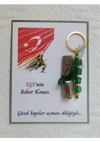 100 Adet Kişiye Özel Asker Kına Hatırası Dağıtmalık Hediyelik Yeşil Anahtarlık ve Paketlenmiş Kına
