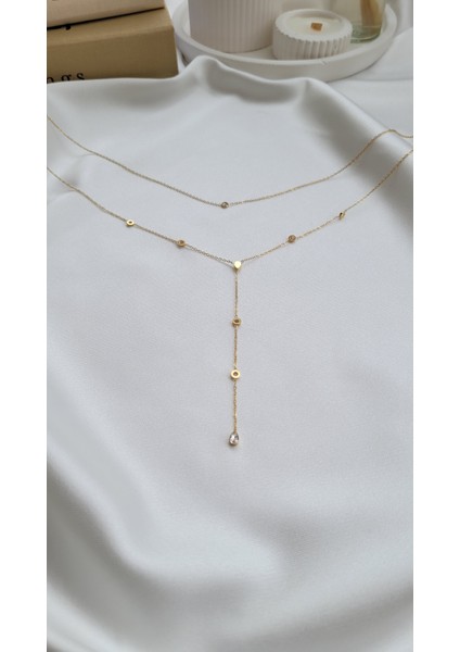 Gold Minimal Taşlı 2 Sıra Y Çelik Kolye