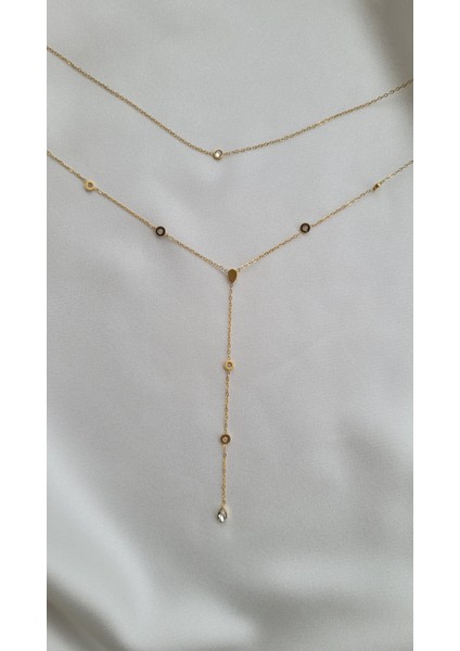 Gold Minimal Taşlı 2 Sıra Y Çelik Kolye fiyatları