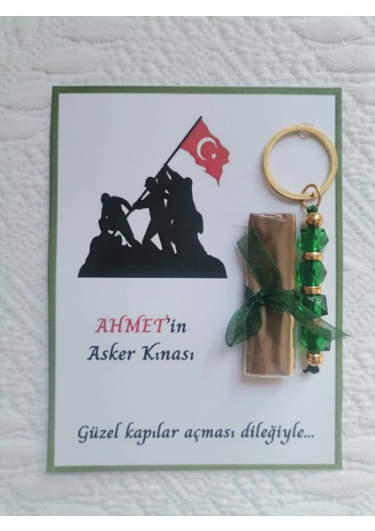 100 Adet Kişiye Özel Asker Kına Hatırası Dağıtmalık Hediyelik Yeşil Anahtarlık ve Paketlenmiş Kına