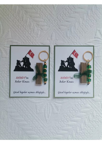 100 Adet Kişiye Özel Asker Kına Hatırası Dağıtmalık Hediyelik Yeşil Anahtarlık ve Paketlenmiş Kına fiyatları