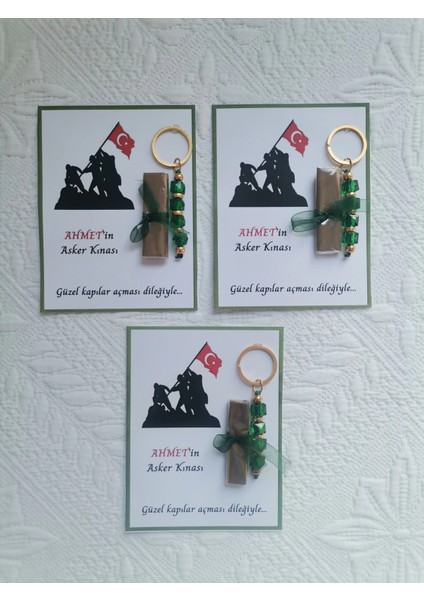 100 Adet Kişiye Özel Asker Kına Hatırası Dağıtmalık Hediyelik Yeşil Anahtarlık ve Paketlenmiş Kına modelleri