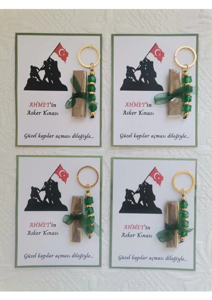 100 Adet Kişiye Özel Asker Kına Hatırası Dağıtmalık Hediyelik Yeşil Anahtarlık ve Paketlenmiş Kına fırsatları