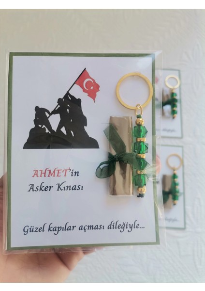 100 Adet Kişiye Özel Asker Kına Hatırası Dağıtmalık Hediyelik Yeşil Anahtarlık ve Paketlenmiş Kına