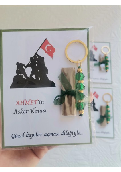 100 Adet Kişiye Özel Asker Kına Hatırası Dağıtmalık Hediyelik Yeşil Anahtarlık ve Paketlenmiş Kına