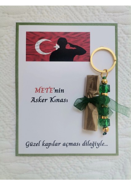32 Adet Kişiye Özel Asker Kına Hatırası Dağıtmalık Hediyelik Yeşil Anahtarlık ve Paketlenmiş Kına