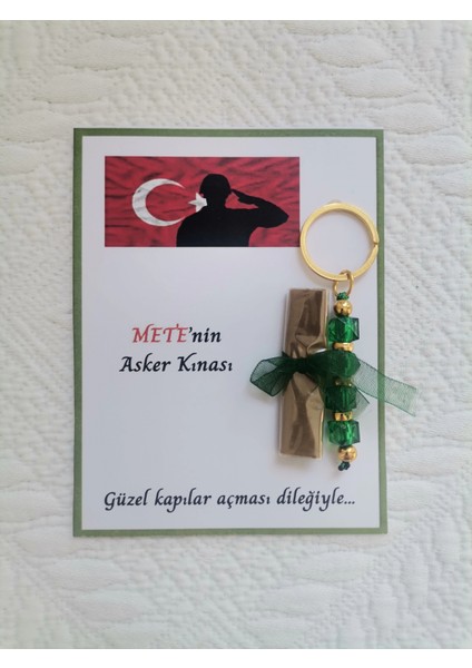 32 Adet Kişiye Özel Asker Kına Hatırası Dağıtmalık Hediyelik Yeşil Anahtarlık ve Paketlenmiş Kına