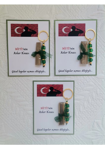 64 Adet Kişiye Özel Asker Kına Hatırası Dağıtmalık Hediyelik Yeşil Anahtarlık ve Paketlenmiş Kına modelleri