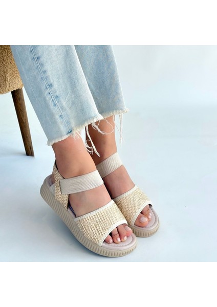 Lastikli Hasır Ortopedik Sandalet Cilt Bej Topuk Boyu 2 cm fırsatları
