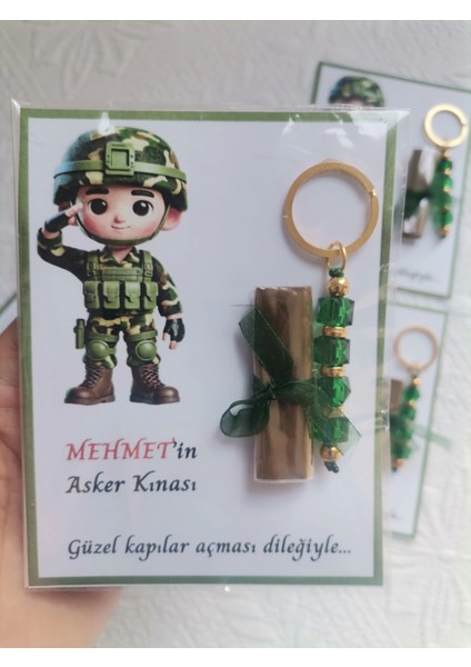64 Adet Kişiye Özel Asker Kına Hatırası Dağıtmalık Hediyelik Yeşil Anahtarlık ve Paketlenmiş Kına