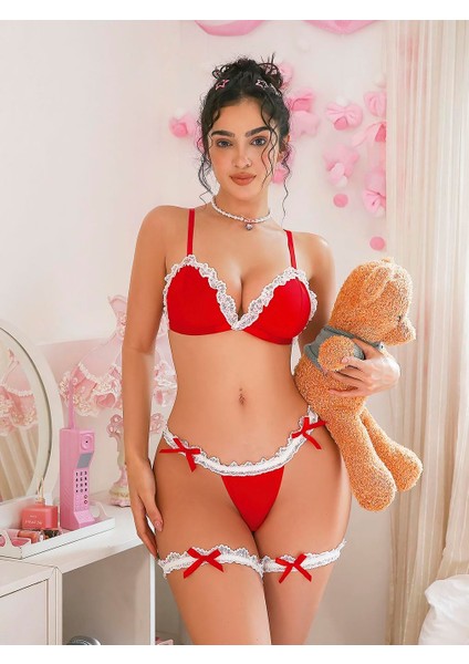 Boyunluklu Bacak Aksesuarlı Kırmızıfantezi Hizmetçi Kostümü