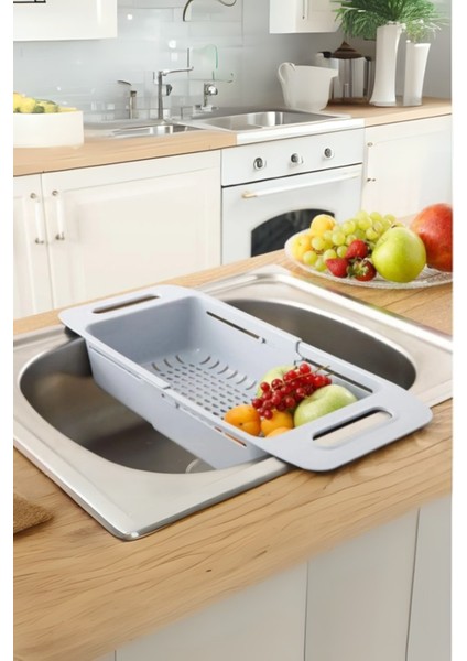 Sürgülü Ayarlanabilir Pratik Lavabo Süzgeci, Uzun Kısa Ayarlı Evye, Meyve Sebze Salata Yıkama