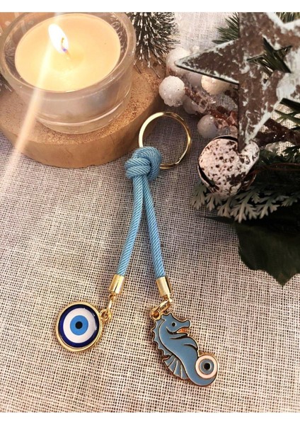 Hediyelik Çift Nazar Boncuklu Açık Mavi Şans Denizatı Anahtarlık 10,5 cm