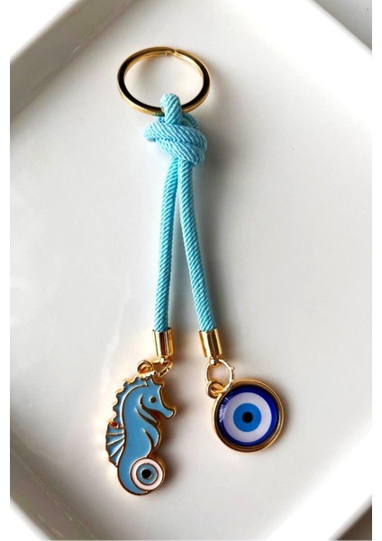 Hediyelik Çift Nazar Boncuklu Açık Mavi Şans Denizatı Anahtarlık 10,5 cm fiyatları