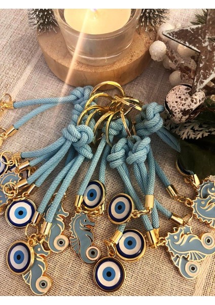 Hediyelik Çift Nazar Boncuklu Açık Mavi Şans Denizatı Anahtarlık 10,5 cm modelleri
