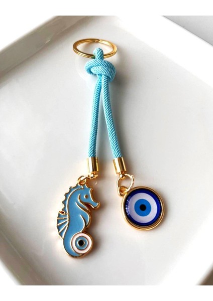 Hediyelik Çift Nazar Boncuklu Açık Mavi Şans Denizatı Anahtarlık 10,5 cm fırsatları